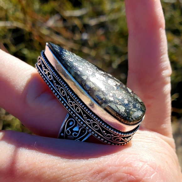 New Huge Pyrite Agate 925 Silver Statement Ring. - Picture 12 of 14